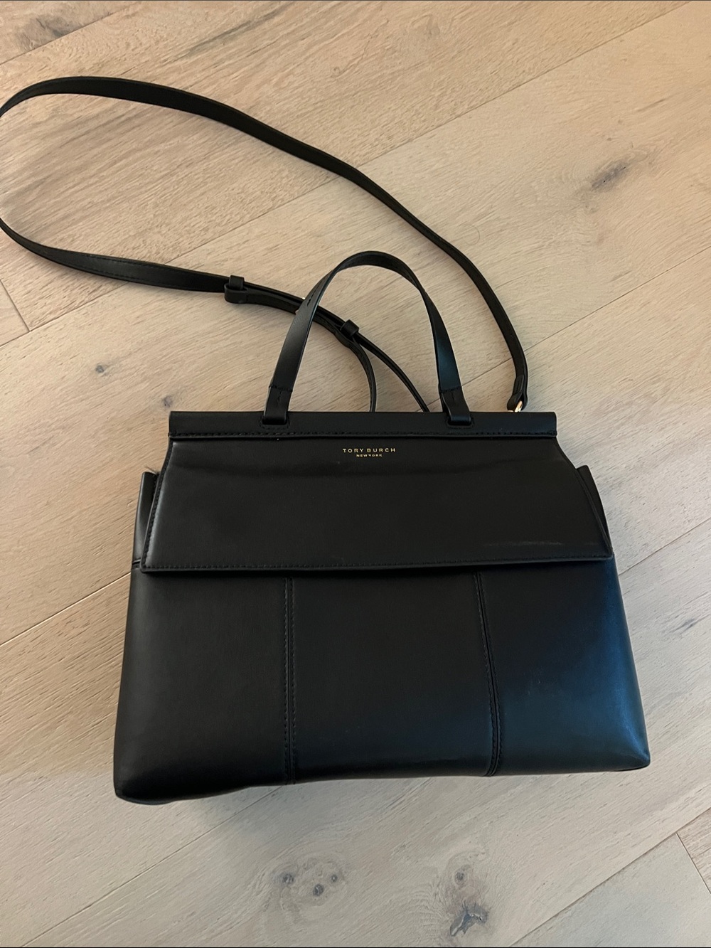 Tory Burch Black Leather Structured Shoulder Bag with Top Handles